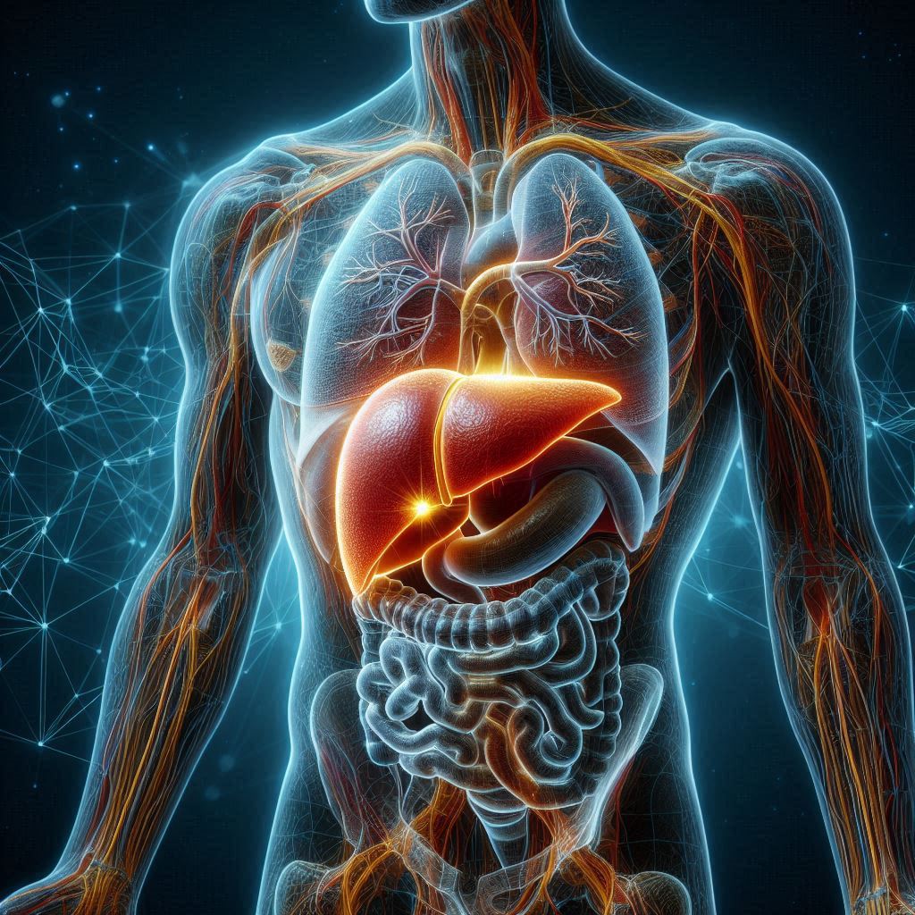 Illustration of the human torso highlighting internal organs, with the liver shown glowing in orange to emphasise its location and function within the digestive system. SELFCHECK. Stressnomore.